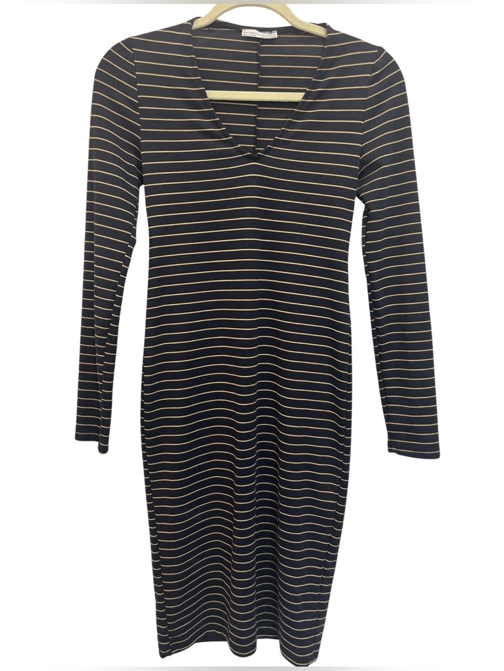Zara Trafaluc Navy Striped Midi Bodycon Dress Size Large V Neck Long Sleeve